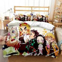 3D Anime Demon Slayer Nezuko Tanjirou Bedding Set Duvet Cover Full Queen King Size Pillowcase Bed Printed Set Aldult Kid Bedroom EU Single 135*200cm/53x79in 3pcs gray