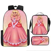 Super Mario Cartoon Backpack Set, Princess Peach School Bookbag, Polyester 3-Piece, Gaming Themed Backpack Three-Piece Set
