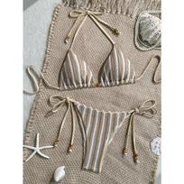 Sexy Pink Striped Micro Bikini Set Women Halter Push Up Bra Tie Side Thong Swimsuit Brazilian Beach Bathing Suit Swimwear L beige