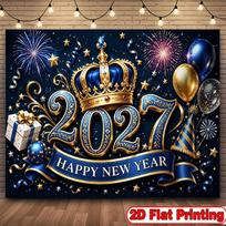 Happy New Year 2027 Blue and Gold Backdrop with Crown, Fireworks, Balloons and Gift Boxes 240*180cm|/|94*71in brown