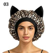 Satin Sleep Bonnet for Women with Cat Ears, Cute Night Cap for Curly Hair, Anti-Frizz Hair Protector, Curl Definition Hat black