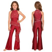 Vaikų sceninio pasirodymo bodis: Sleeveless Rhinestone Jumpsuit with Ruched Mesh Ruffles & Bell-Bottom Legs for Dance 11-12 Years bordinė