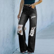 Fashion Womens Baggy Cargo Jeans High Waist Wide Leg Pants For Women Streetwear Straight Trousers Vintage Hole Pant XL juoda