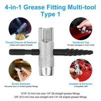 4-in-1 Grease Zerk Tool Set Dual Head Removal Rethread Fit 1/4-28 1/8-NPT M10 M8 black