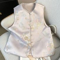 Vest disc-buckled small round neck jacquard woven vest festive collarless top M [Recommended below 50kg] white