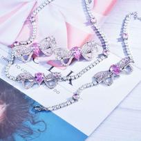 Elegant Women Jewelry Set Pink Zircon Bow Choker Necklace Bracelet Earrings Fashion Luxury Gift gray