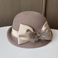 Autumn and winter new hairball satin bow bud hat women's woolen small edge crimping basin hat styling felt hat Adjustable gray