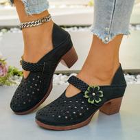 Women's High-Heel Hollow Velcro-Strap Closed-Toe Slide Sandals With Floral Detail, Chunky-Heel Convertible Casual Footwear, Available In Large Sizes. 43 juoda