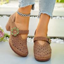 Women's High-Heel Hollow Velcro-Strap Closed-Toe Slide Sandals With Floral Detail, Chunky-Heel Convertible Casual Footwear, Available In Large Sizes. 37 ruda