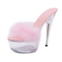 2020 m. Nauji Super aukštakulniai 15 cm Stiletto Platformos Šlepetės Crystal Batai Vestuviniai Batai Krištoliniai Sandalai LFD 39 rožinė