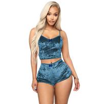 Women's Pure Erotic Lingerie Sexy Sling V-Neck Slim Two-Piece Suit 2XL ežero mėlyna spalva
