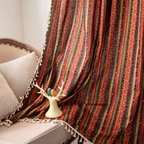 Bohemiškos etninės medvilninės lininės užuolaidos su kutais ir auksinėmis juostelėmis 150cm W x 45cm H brown