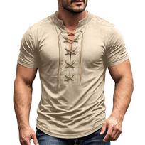 Men's Short Sleeve Shirt Vintage V-Neck Lace-Up Casual Color Summer Top L chaki