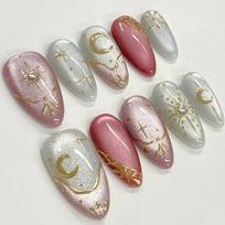 Almond Handmade Blush Pink French Press On Nails With 3D Bowknot And Star Decor Y2k Wearable False Nail Tips gray