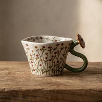 Hand-painted Floral Ceramic Coffee Cup Arc Green Handle Safflower Decoration Irregular Spots Porcelain Cup Home Decoration Gift 350ML gray