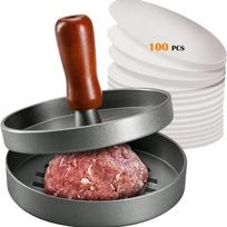 Burgerių presas, mėsainių paplotėlių gaminimo įrankis, nerūdijančio plieno, medine rankena, nelipnus, su 100 paplotėlių popierėlių gray