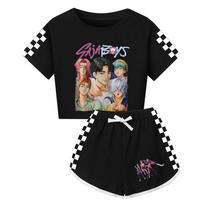 Kpop Demon Hunters Saja Boys Print Kids Adult Short Sleeve Shorts Pajama Set For Sleepwear And Lounge Children130 juoda
