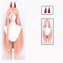 Grandininio pjūklo žmogus Power perukas Cosplay ilgas tipas 2 spalvos plaukai karščiui atsparūs Makimos Power perukai Rekvizitas ragai dantys Anime One Size beige