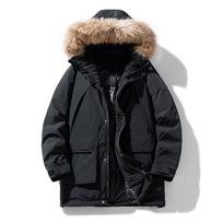 Vyriška vidutinio ilgio žiemos pūkinė parka su nuimamu kailiniu gobtuvu 3XL juoda