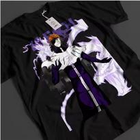 2026 Bleach Aizen Sousuke Orange Hair Eye Patch Purple Flame Print T-shirt Black Oversized Cotton Casual Tee For Anime Fans 130 black