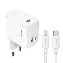 USAMS CC339 T76 45W GaN USB-C Wall Charger + SJ711 USB-C to USB-C Cable (1m, White)