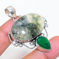 Natural Prehnite, Onyx Gemstone 925 Sterling Silver Jewelry Pendant 2.05  ZS-72 gray