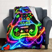 Neon Gaming Controller With Colorful Symbols And Cozy Personalized Blanket Personalized Text Comfortable Texture Great For Sofa Couch Office Bed 80cmx120cm green