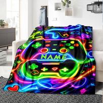 Neon Gaming Controller With Colorful Symbols And Cozy Personalized Blanket Personalized Text Comfortable Texture Great For Sofa Couch Office Bed 150cmx200cm