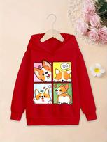 Autumn Kids Pullover Hoodie, Sweet Cartoon Corgi Puppy Four Grid Comic Print, Comfortable Material, Great Clothes for School And Outdoor Trips 160 raudona