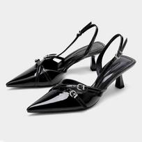 Street Style One-Strap Stiletto Sandals Summer Pointed Toe Metal Belt Buckle Anti-Slip Banquet Party Slingback Femme Shoes 35 juoda
