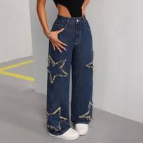 Women's Y2K Star Patch Frayed Tassel Raw Edge Jeans Loose Straight Fit Casual Versatile Streetwear Full Length Denim Trousers XXL mėlyna