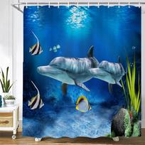 Gražios delfinų animacijos Dušo užuolaidos Vandeniui atspari vonios kambario užuolaida 3D jūrų gyvūnija Su kabliukais Didelis dydis 240*180cm Vonios ekranas W165H180(CM)-1 Pcs