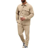 Men Diagonal Textured 2 Piece Matching Set Long Sleeve Button Shacket & Tapered Jogger Pants Solid Color Casual Loungewear Tracksuit XXXL chaki