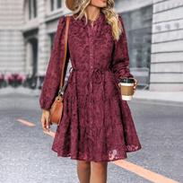 Womens Lace Long Sleeve Mini Dress Button Up Empire Waist with Belt A-Line Dresses Trendy Casual Fall Winter Dress M vyno raudonos spalvos