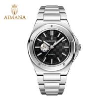 Men Business Automatic Mechanical Wrist Watch Skeleton Dial Steel Band Luminous Waterproof Watch for Gift juoda/sidabras