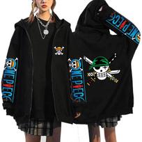 One Piece Zoro Jolly Roger Big Zip Hoodie Straw Hat Logo with One Piece Sleeves Back Big Zoro Skull Green Bandana Three Swords Logo Anime Zip-Up XXL juoda