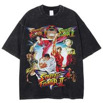 Harajuku Vintage Washed Tshirt Street Fighter II Graphic T-Shirt Men And Women O-Neck Cotton Short Sleeve Oversized Streetwear 4XL brown