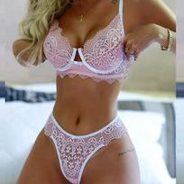 Women Sexy Lace Wireless Bowknot Bra Thong Lingerie Underwear Pajamas Set XXXL rožinė