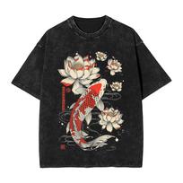 Japonijos karpiai Koi Žiedų vyšnios Marškinėliai Skalbti 100% medvilnės Marškinėlis Vintažinis vyrams moterims Streetwear Spausdinti Marškinėliai L black