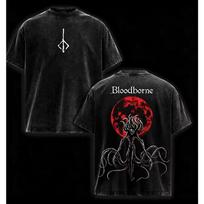 Bloodborne Vintage Washed T‑shirt Moon Presence Dark Game Graphic Print Unisex Loose Cotton Short Sleeve Harajuku Streetwear Tee 150 black
