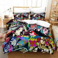 Anime JoJo Bizarre Adventure Jotaro Kujo Bedding Set Print single Comforter Duvet Cover Pillow Case 3 Pieces Set Kids Adult Size EU Single 135*200cm/53x79in 3pcs black