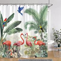 Atogrąžų Botaninis Džiunglių Gyvūnas Dušo Užuolaida Kokoso Palmių Flamingas Žirafa Mėlynasis Paukštis Poliesterio Audinio Dušo Užuolaida Vonios Kambario Dekoras 200x180cm-78x70in