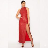 Stylish Cocktail Party Handmade Designer Women's Red Leather Dress Fashionable 3XL raudona