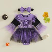 Citgeett Autumn Halloween Infant Baby Girl Costume Long Sleeve Collar Tulle Patchwork Bodysuit Dress Bow Headband Clothes 0-3m black