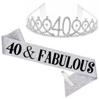 3 vnt./rinkinys 40/60 karalienės gimtadienio rinkinys karūna galvos juosta + perlo segtukas + kostiumas su petnešėlėmis 40 years old silver white