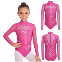 Vaikų gimnastikos šokio maudymosi kostiumas su aukštu kaklu, ilgomis rankovėmis, tinklinėmis detalėmis, blizgančiais kalnų krištolais, nematomu užtrauktuku nugaroje, leotardui varžyboms, scenos pasirodymams 11-12 Years