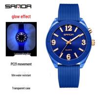 Sanda Transparent Case Luminous Quartz Watch - Waterproof, Seven-Color Dial for Kids, Men, and Women tamsiai mėlyna spalva