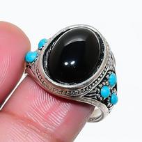 Natural Black Onyx, Turquoise 925 Sterling Silver Jewelry Ring Size 6 AR-18289 black