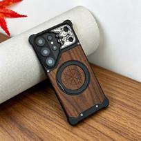 Aluminum Metal Frame Wood Back Case For Samsung Galaxy S26 Ultra S25 S24 S23 S22 Ultra 360° Magnetic Holder Wireless Charging aluminum&Case & Holder&Galaxy S22 Ultra 5G juoda