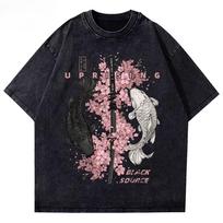 Washed Vintage Koi Fish Sakura Katana Graphic T Shirt Cherry Blossom Sword Print Unisex Cotton Crew Neck Short Sleeve Street Tee 3XL black